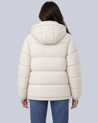Women's Matte Bubble Puffer Jacket with Hood and Toggle Hem in White – Back View