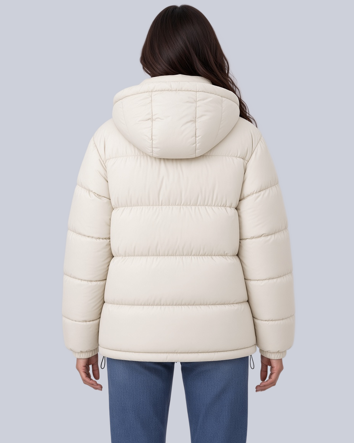 Women's Matte Bubble Puffer Jacket with Hood and Toggle Hem in White – Back View