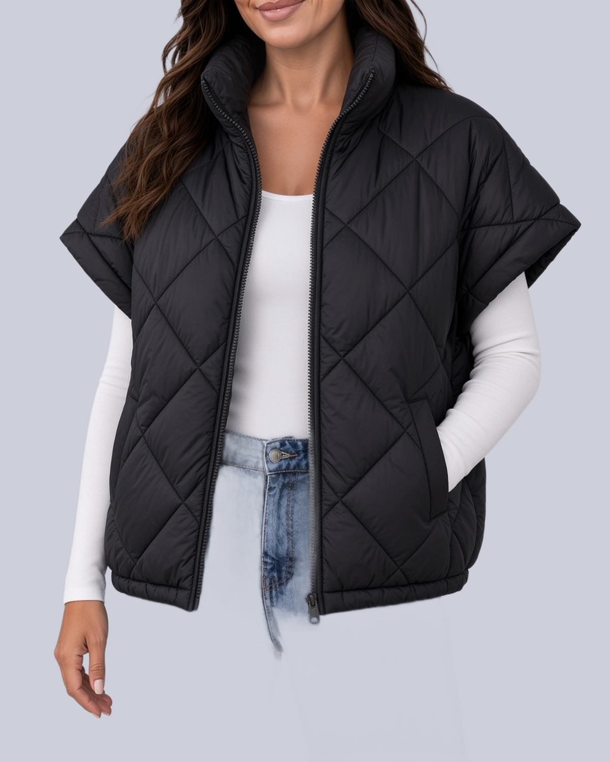 Women's Oversized Padded Gilet with Diamond Quilting and High Neck in Black – Front View