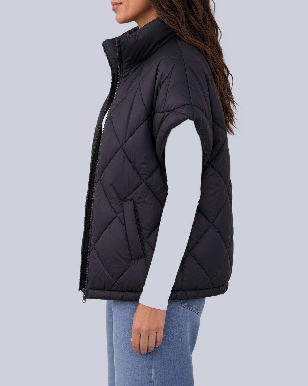 Women's Oversized Padded Gilet with Diamond Quilting and High Neck in Black – Side View