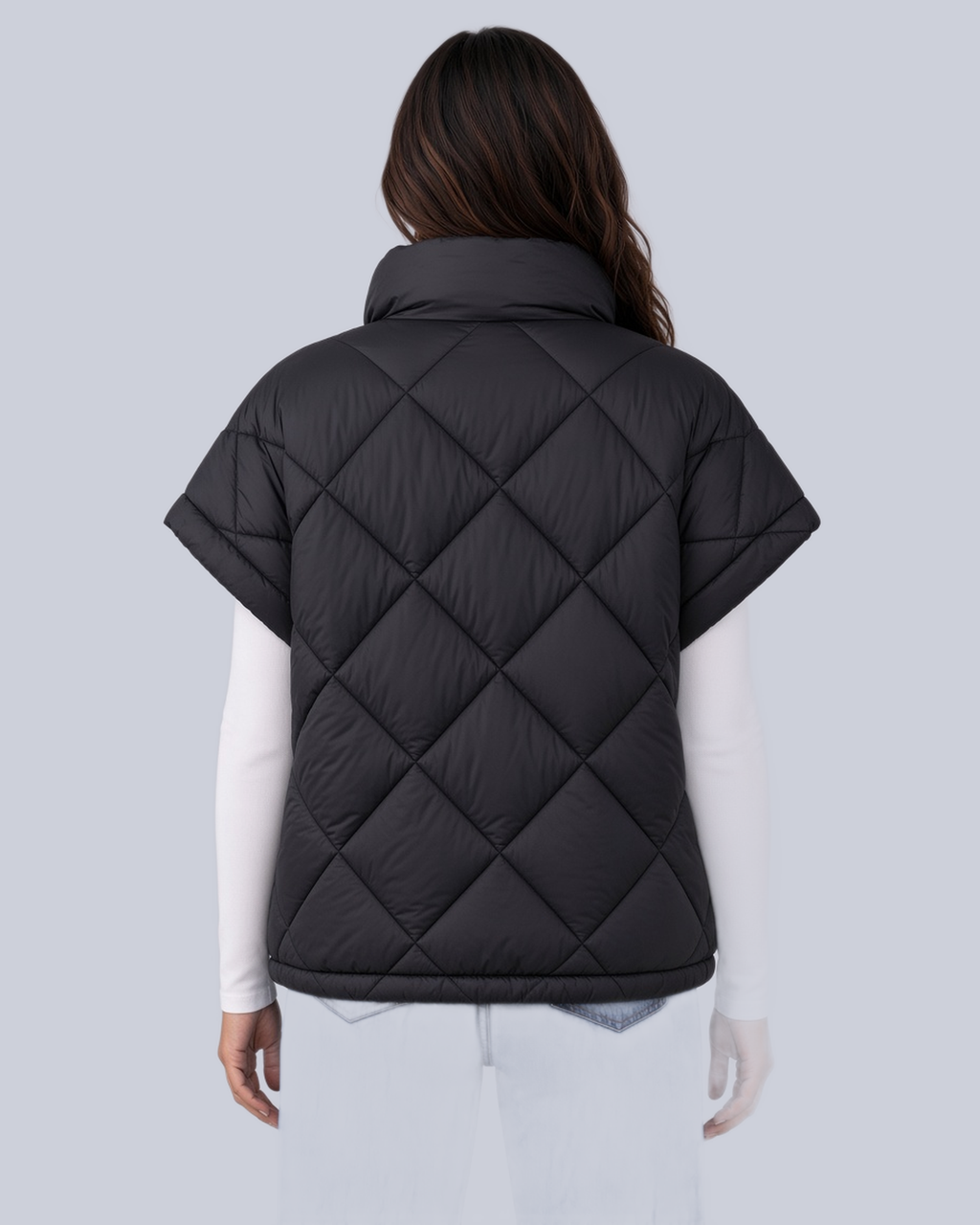 Women's Oversized Padded Gilet with Diamond Quilting and High Neck in Black – Back View