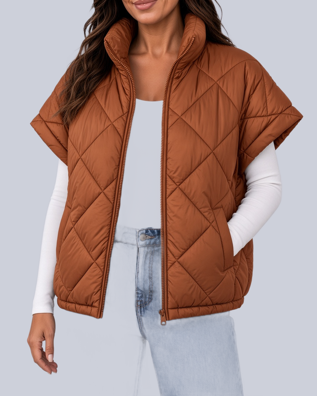 Women's Oversized Padded Gilet with Diamond Quilting and High Neck in Brown – Front View