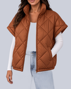 Women's Oversized Padded Gilet with Diamond Quilting and High Neck in Brown – Front View