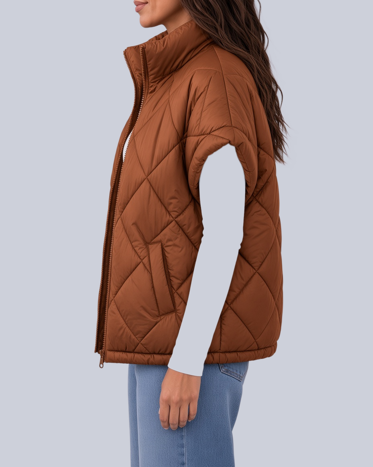 Women's Oversized Padded Gilet with Diamond Quilting and High Neck in Brown – Side View