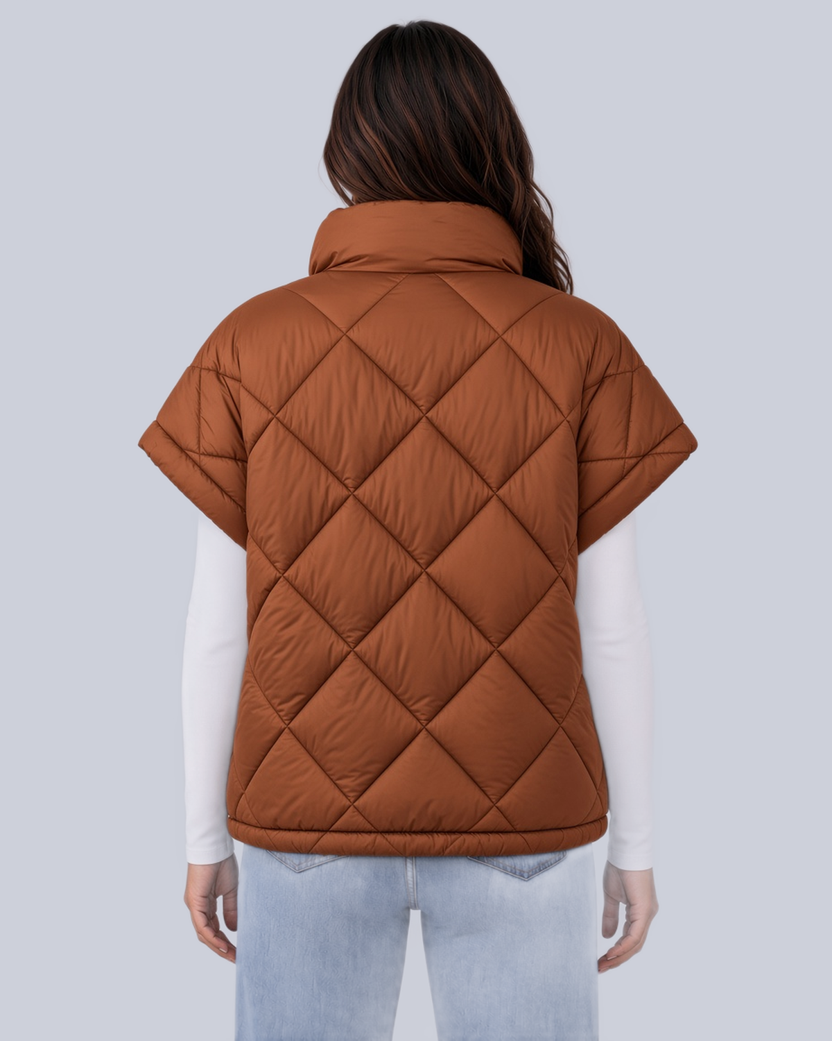 Women's Oversized Padded Gilet with Diamond Quilting and High Neck in Brown – Back View