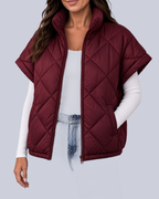 Women's Oversized Padded Gilet with Diamond Quilting and High Neck in Burgundy – Front View
