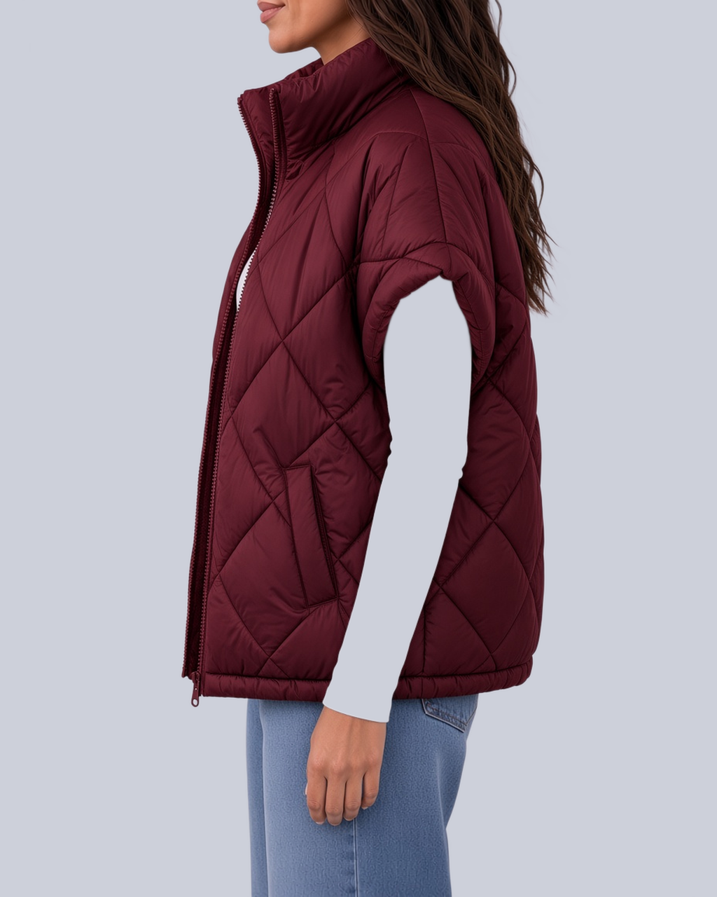 Women's Oversized Padded Gilet with Diamond Quilting and High Neck in Burgundy – Side View