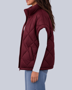 Women's Oversized Padded Gilet with Diamond Quilting and High Neck in Burgundy – Side View