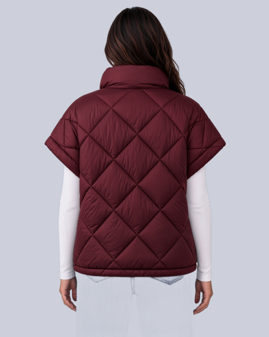Women's Oversized Padded Gilet with Diamond Quilting and High Neck in Burgundy – Back View