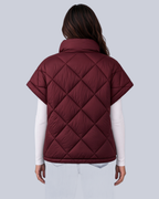 Women's Oversized Padded Gilet with Diamond Quilting and High Neck in Burgundy – Back View