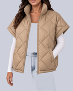 Women's Oversized Padded Gilet with Diamond Quilting and High Neck in Camel – Front View