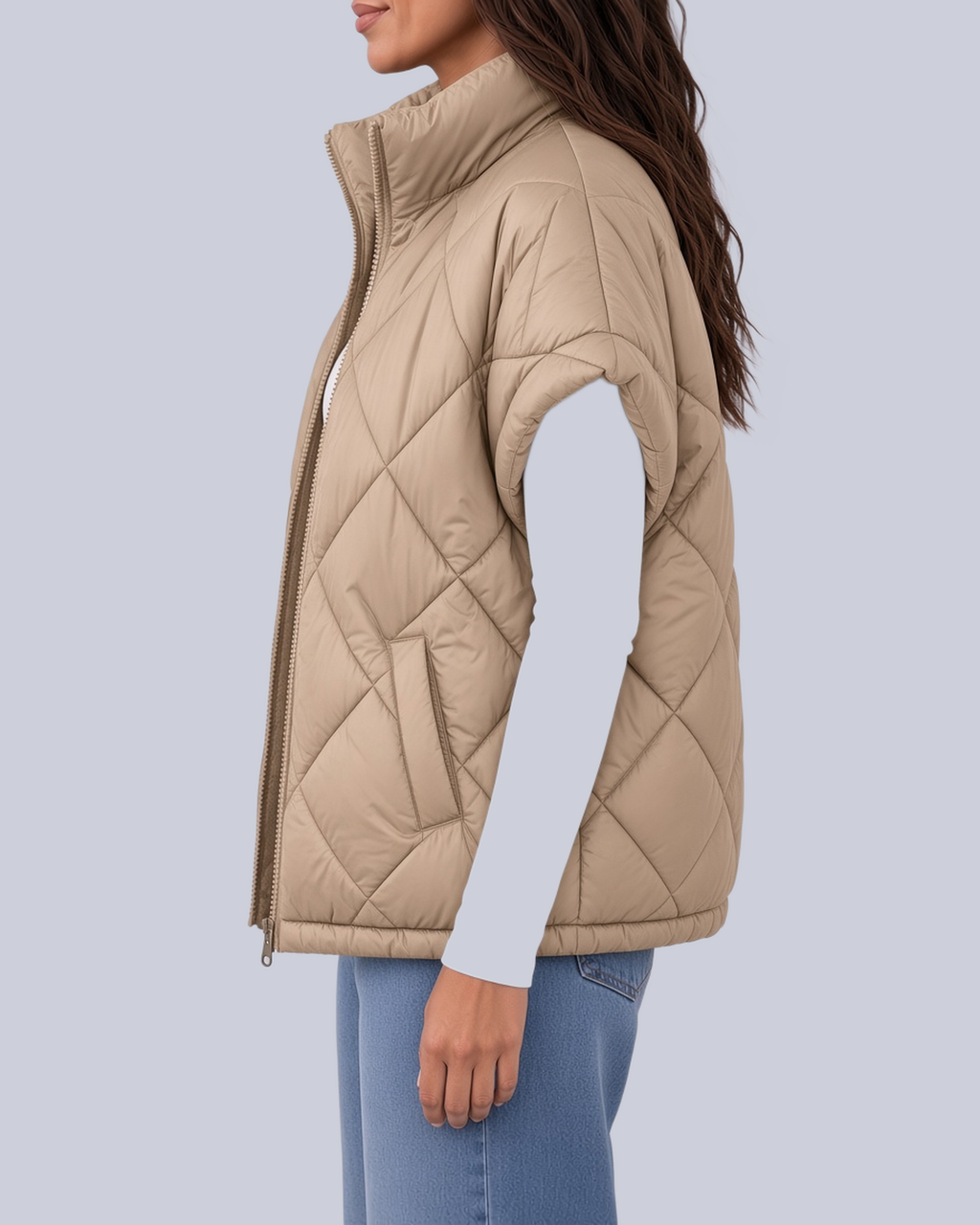 Women's Oversized Padded Gilet with Diamond Quilting and High Neck in Camel – Side View