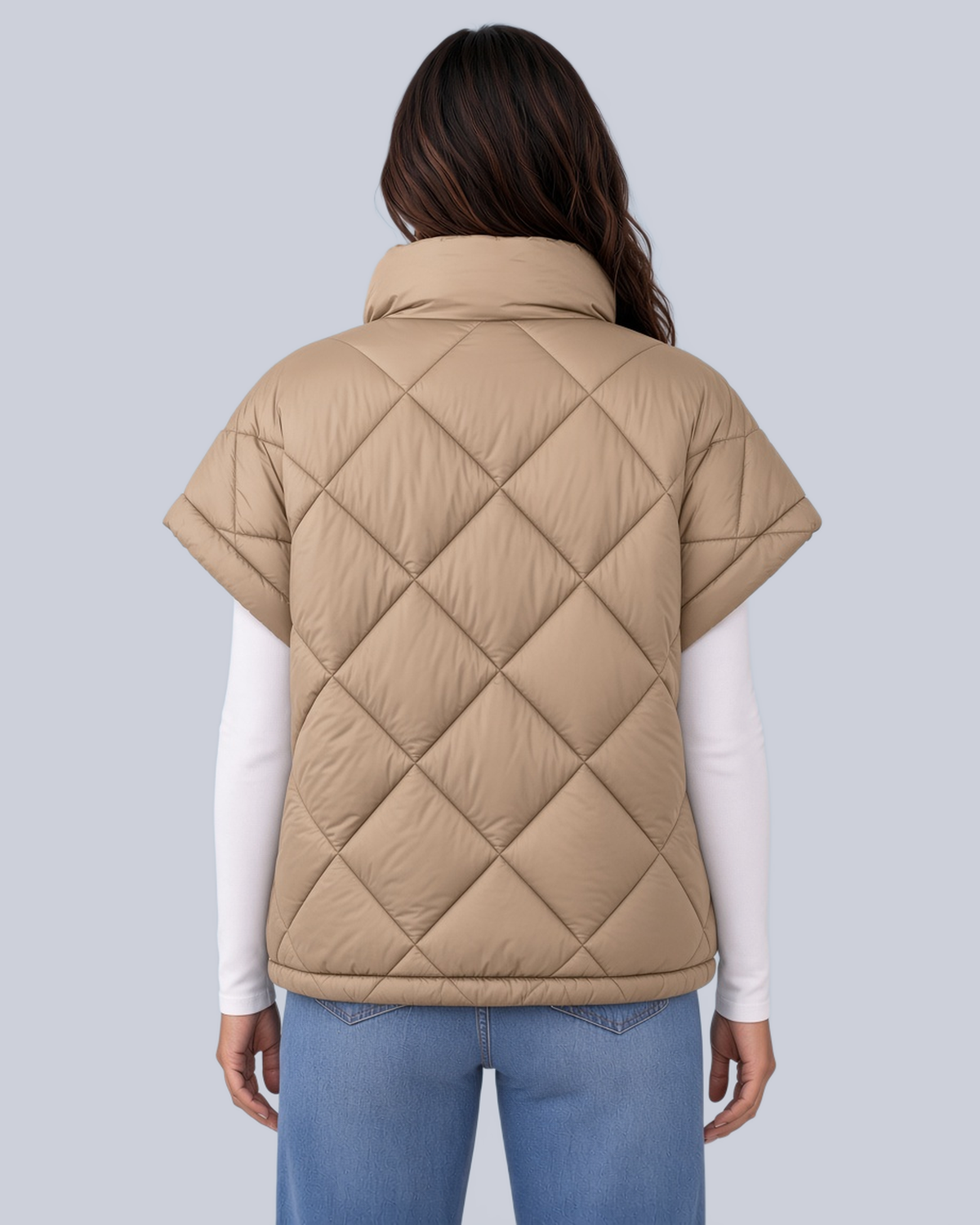 Women's Oversized Padded Gilet with Diamond Quilting and High Neck in Camel – Back View