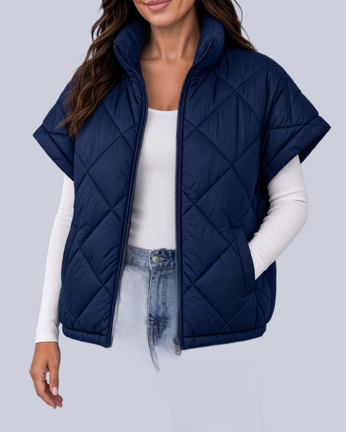 Women's Oversized Padded Gilet with Diamond Quilting and High Neck in Navy – Front View
