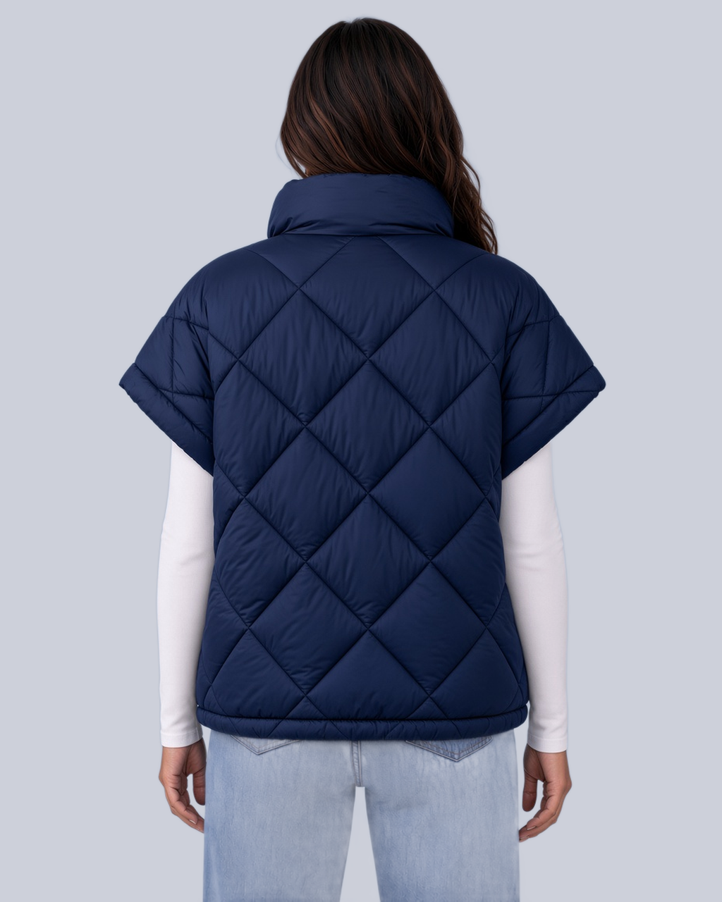 Women's Oversized Padded Gilet with Diamond Quilting and High Neck in Navy – Back View
