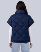Women's Oversized Padded Gilet with Diamond Quilting and High Neck in Navy – Back View