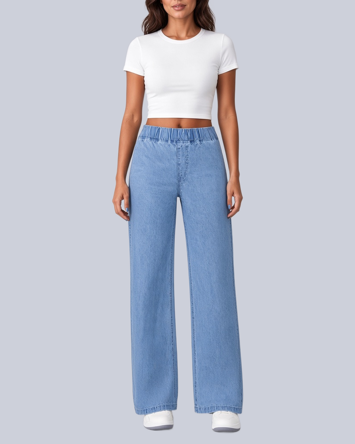 Women's Pull On Wide Leg Jeans with Gathered Elasticated Waist in Light Blue – Front View