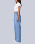 Women's Pull On Wide Leg Jeans with Gathered Elasticated Waist in Light Blue – Side View