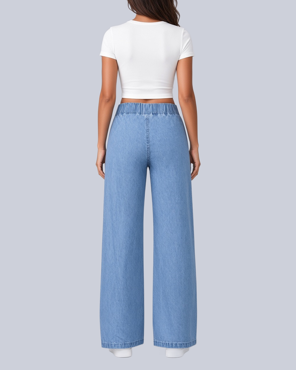 Women's Pull On Wide Leg Jeans with Gathered Elasticated Waist in Light Blue – Back View