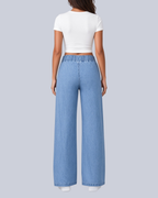 Women's Pull On Wide Leg Jeans with Gathered Elasticated Waist in Light Blue – Back View