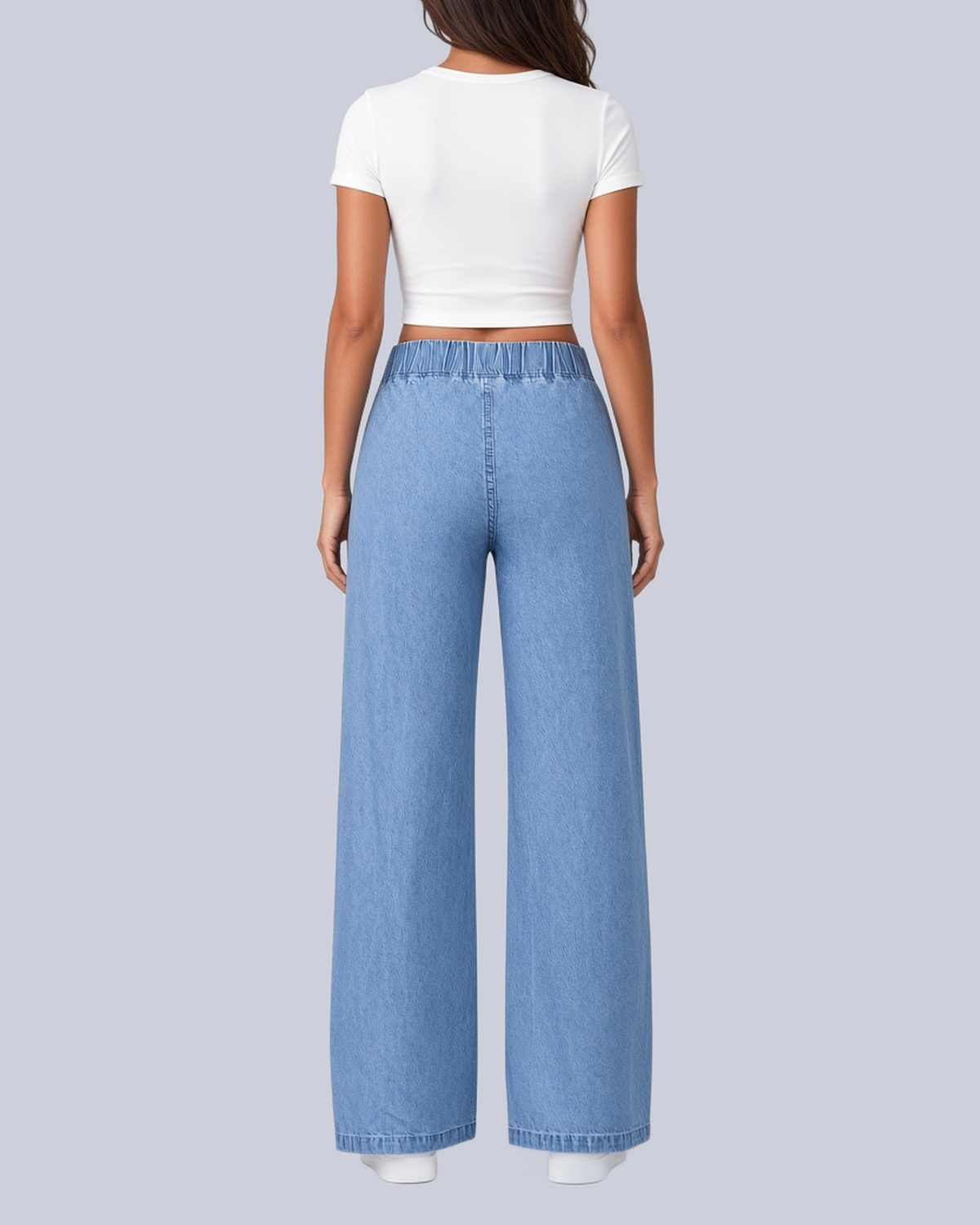 Women's Pull On Wide Leg Jeans with Gathered Elasticated Waist in Light Blue – Back View