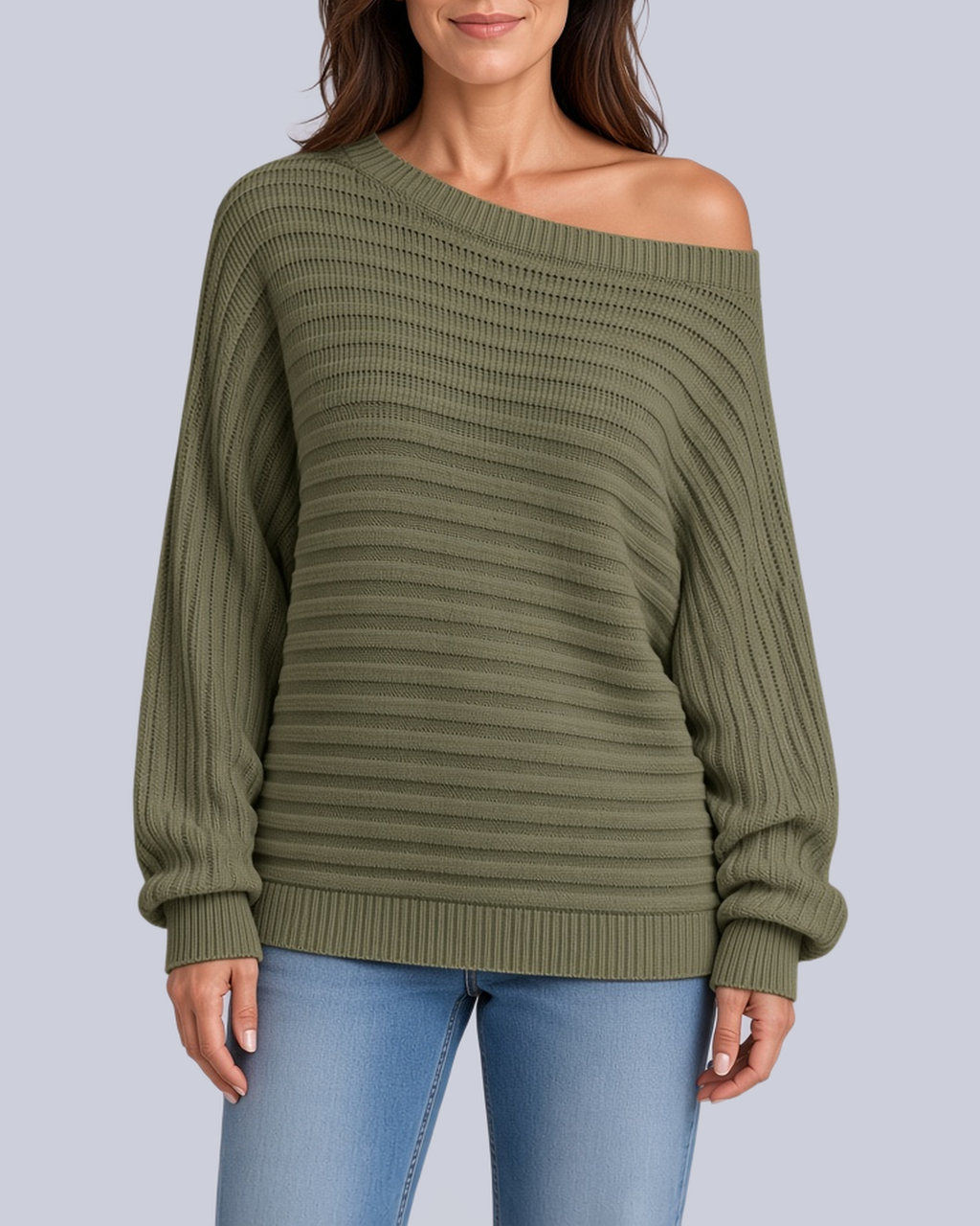 Women's Ribbed Knit Batwing Jumper with Off Shoulder Neckline in Army Green – Front View