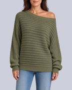Women's Ribbed Knit Batwing Jumper with Off Shoulder Neckline in Army Green – Front View