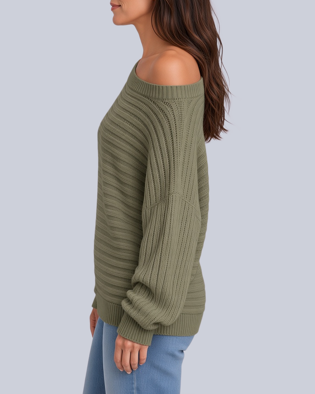Women's Ribbed Knit Batwing Jumper with Off Shoulder Neckline in Army Green – Side View