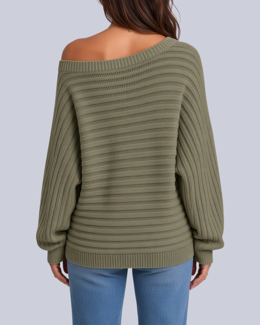 Women's Ribbed Knit Batwing Jumper with Off Shoulder Neckline in Army Green – Back View