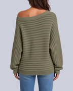 Women's Ribbed Knit Batwing Jumper with Off Shoulder Neckline in Army Green – Back View
