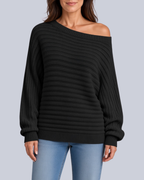 Women's Ribbed Knit Batwing Jumper with Off Shoulder Neckline in Black – Front View