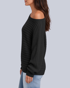 Women's Ribbed Knit Batwing Jumper with Off Shoulder Neckline in Black – Side View