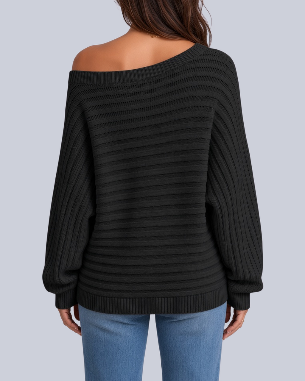 Women's Ribbed Knit Batwing Jumper with Off Shoulder Neckline in Black – Back View