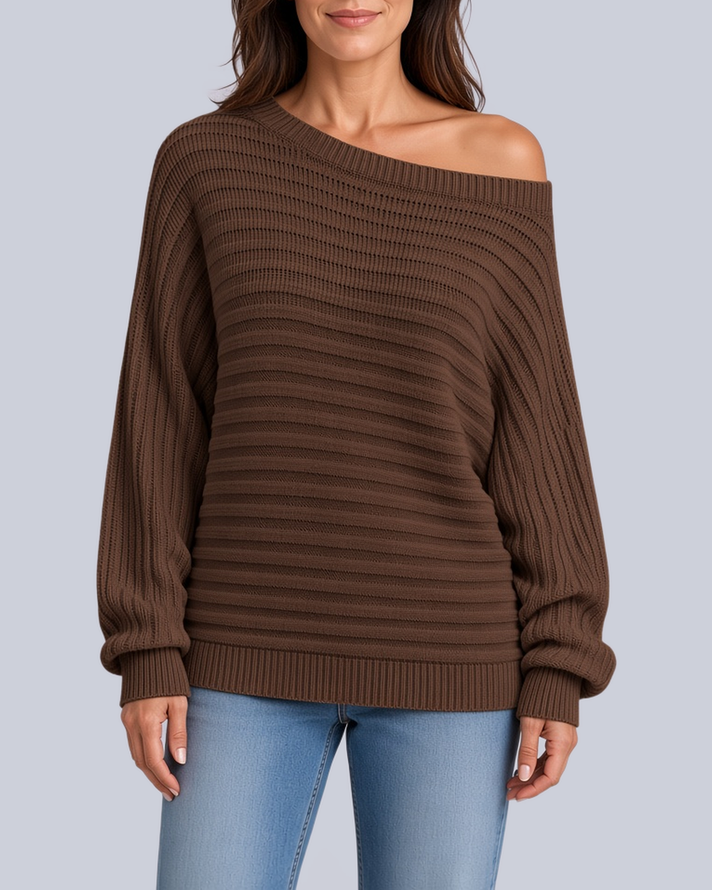 Women's Ribbed Knit Batwing Jumper with Off Shoulder Neckline in Brown – Front View