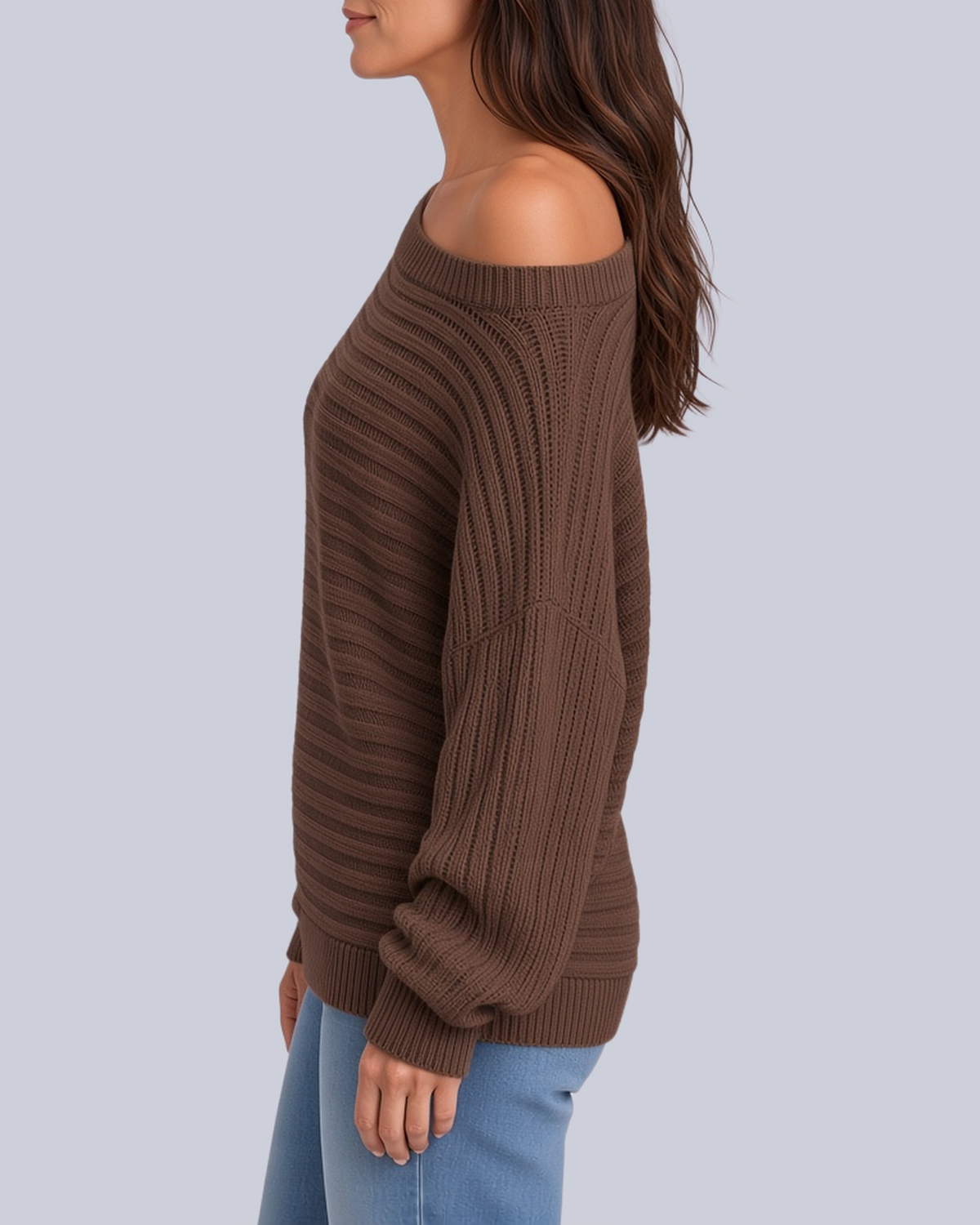 Women's Ribbed Knit Batwing Jumper with Off Shoulder Neckline in Brown – Side View