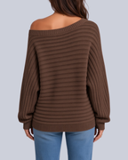 Women's Ribbed Knit Batwing Jumper with Off Shoulder Neckline in Brown – Back View
