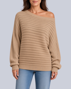 Women's Ribbed Knit Batwing Jumper with Off Shoulder Neckline in Khaki – Front View