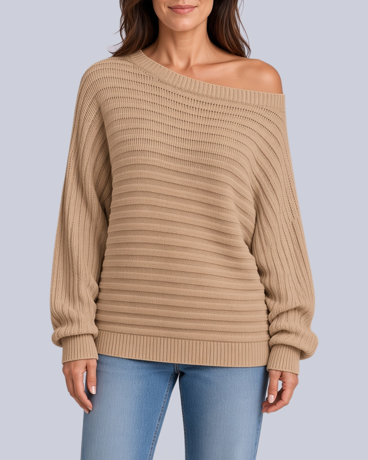 Women's Ribbed Knit Batwing Jumper with Off Shoulder Neckline in Khaki – Front View