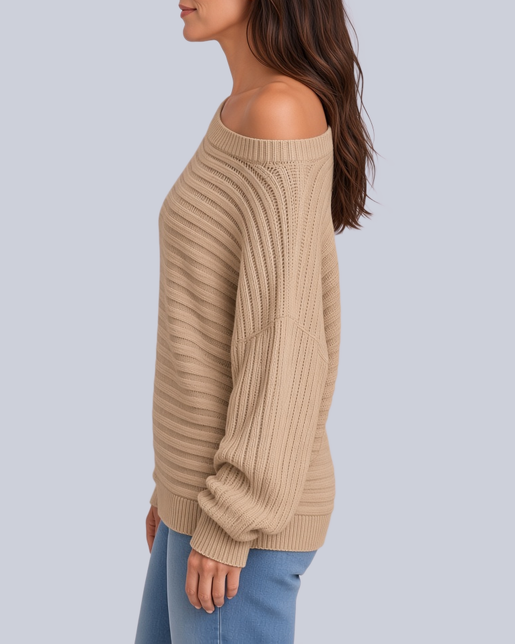 Women's Ribbed Knit Batwing Jumper with Off Shoulder Neckline in Khaki – Side View