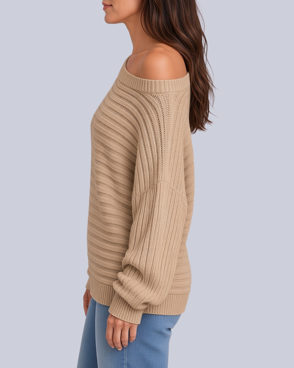 Women's Ribbed Knit Batwing Jumper with Off Shoulder Neckline in Khaki – Side View