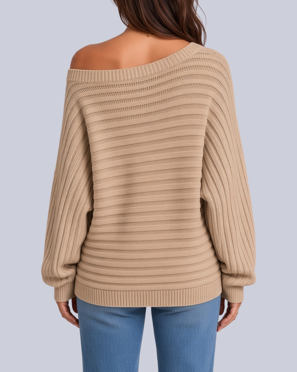 Women's Ribbed Knit Batwing Jumper with Off Shoulder Neckline in Khaki – Back View