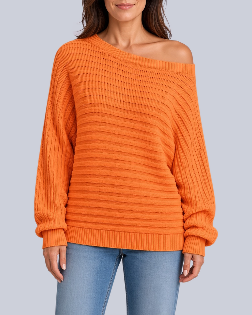 Women's Ribbed Knit Batwing Jumper with Off Shoulder Neckline in Orange – Front View