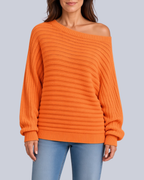 Women's Ribbed Knit Batwing Jumper with Off Shoulder Neckline in Orange – Front View