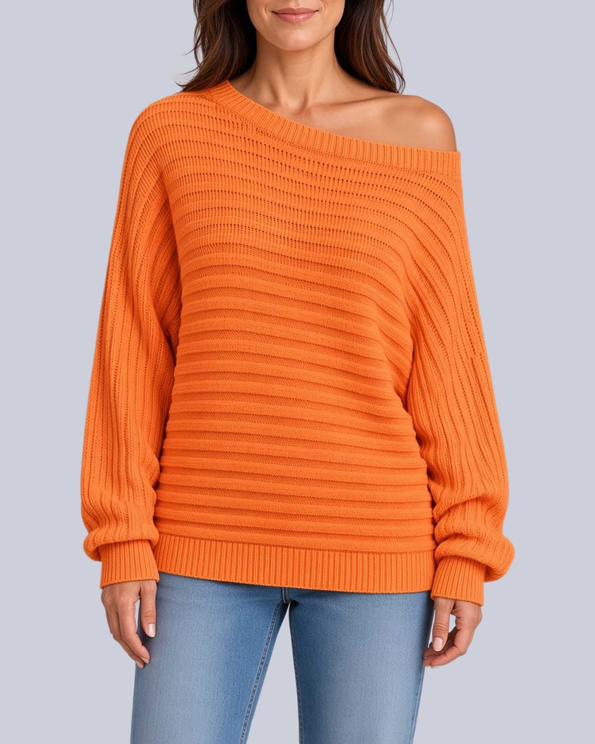 Women's Ribbed Knit Batwing Jumper with Off Shoulder Neckline in Orange – Front View