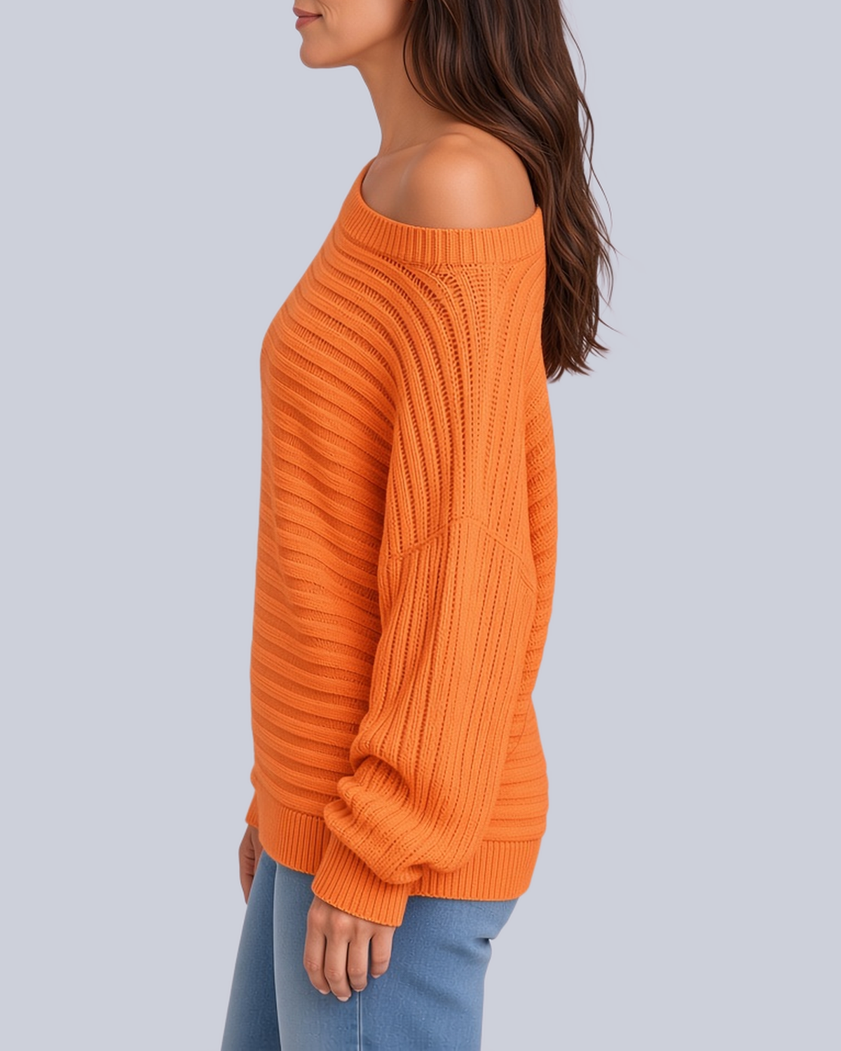 Women's Ribbed Knit Batwing Jumper with Off Shoulder Neckline in Orange – Side View