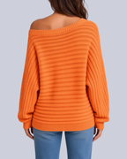Women's Ribbed Knit Batwing Jumper with Off Shoulder Neckline in Orange – Back View