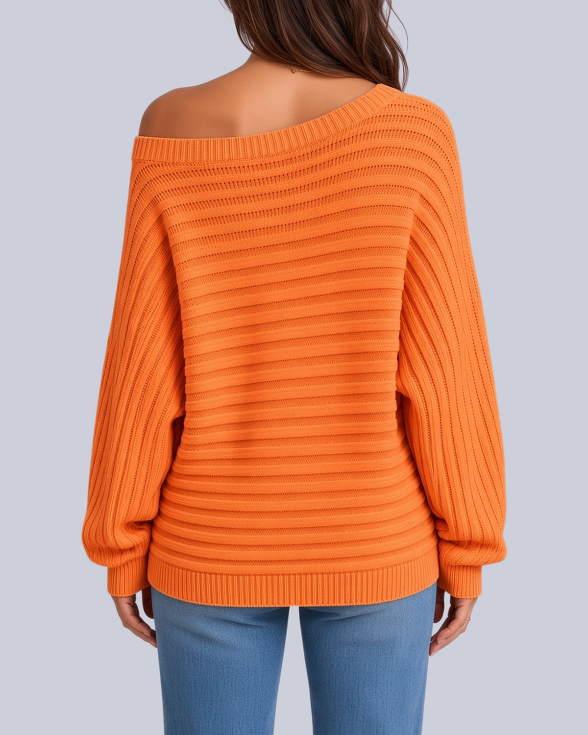 Women's Ribbed Knit Batwing Jumper with Off Shoulder Neckline in Orange – Back View