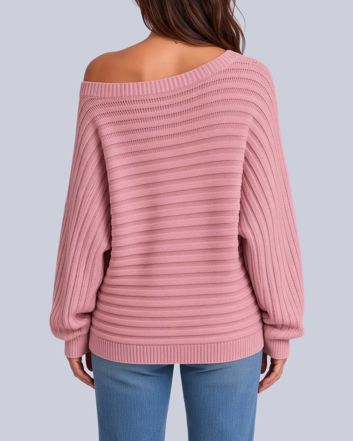 Women's Ribbed Knit Batwing Jumper with Off Shoulder Neckline in Pink – Back View