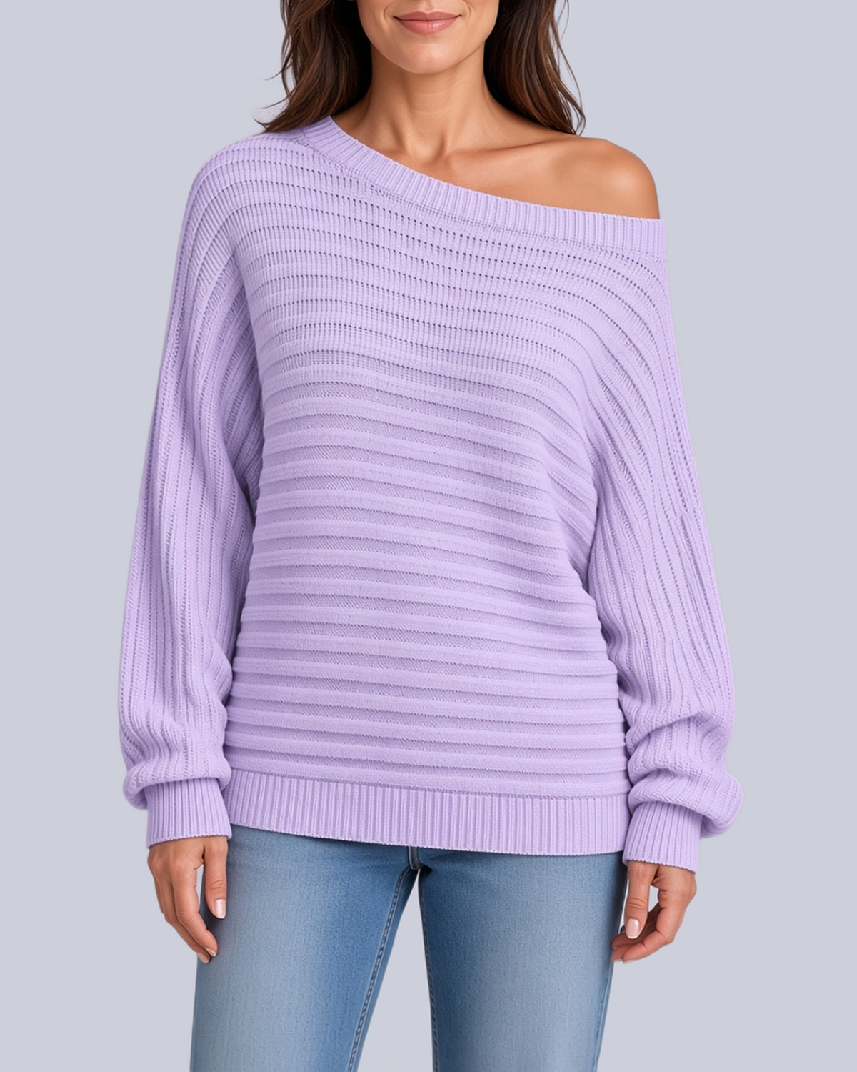 Women's Ribbed Knit Batwing Jumper with Off Shoulder Neckline in Purple – Front View