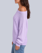 Women's Ribbed Knit Batwing Jumper with Off Shoulder Neckline in Purple – Side View
